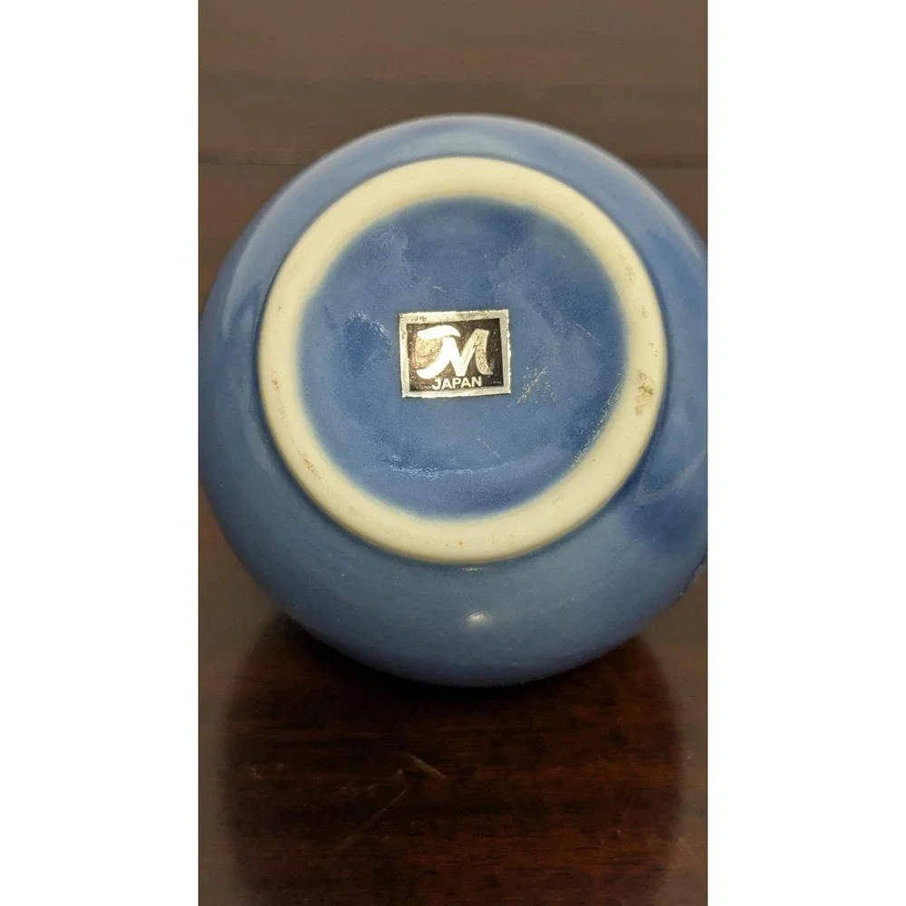 Vintage Japanese Studio Pottery Bud Vase Blue Drip Glaze Round Orb Vase Japan